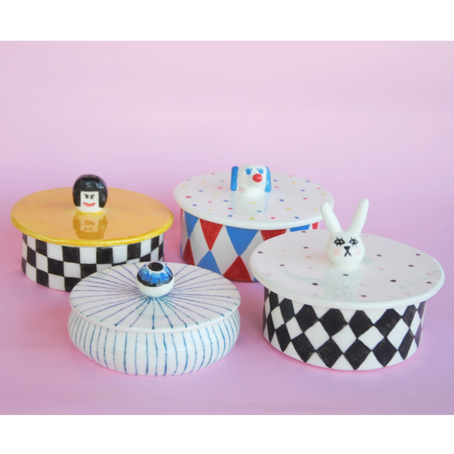 CERAMIC BOX WITH LID: CIRCUS WEENIE AND HARLEQUIN BUNNY