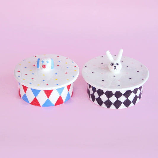 CERAMIC BOX WITH LID: CIRCUS WEENIE AND HARLEQUIN BUNNY