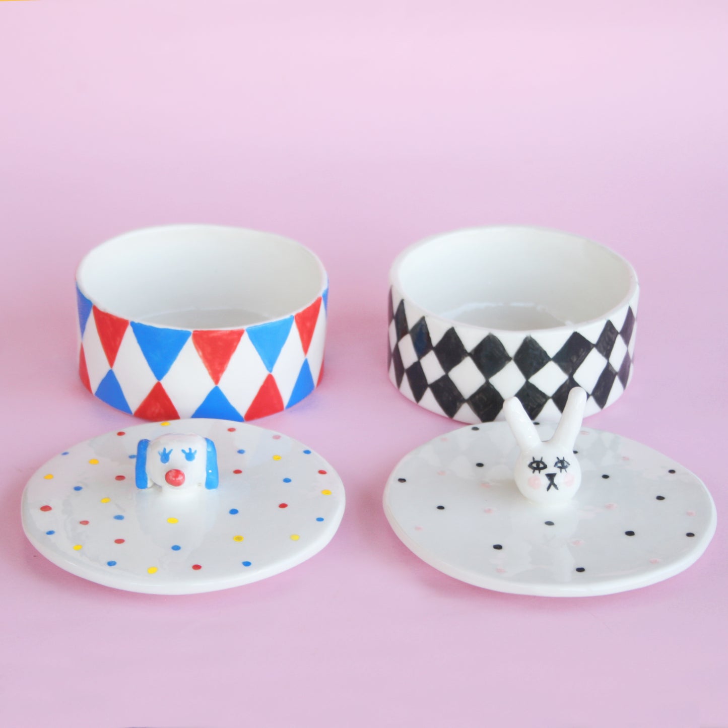 CERAMIC BOX WITH LID: CIRCUS WEENIE AND HARLEQUIN BUNNY