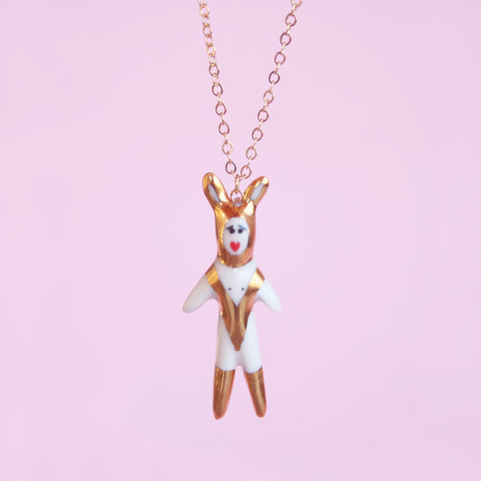 Porcelain Golden Bunny Girl Necklace 