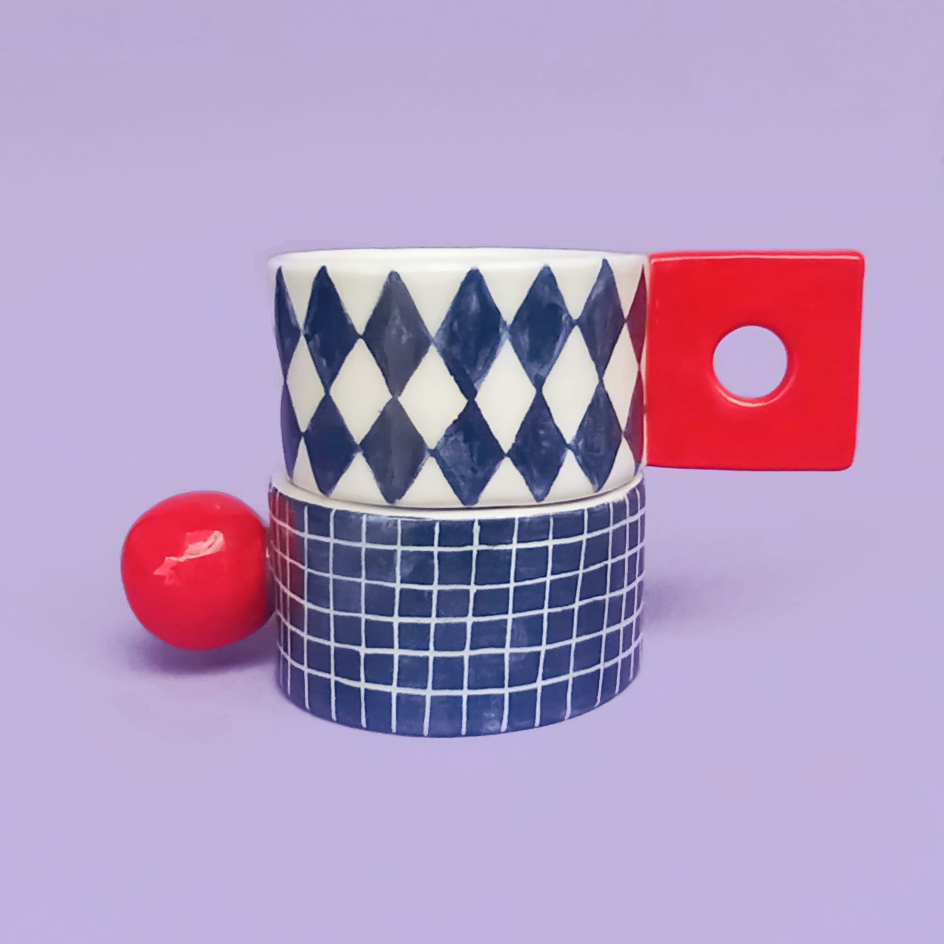 Graphic Cups with ball and square handles – cobalt grid and diamonds pattern, handmade ceramic, food safe, 120ml