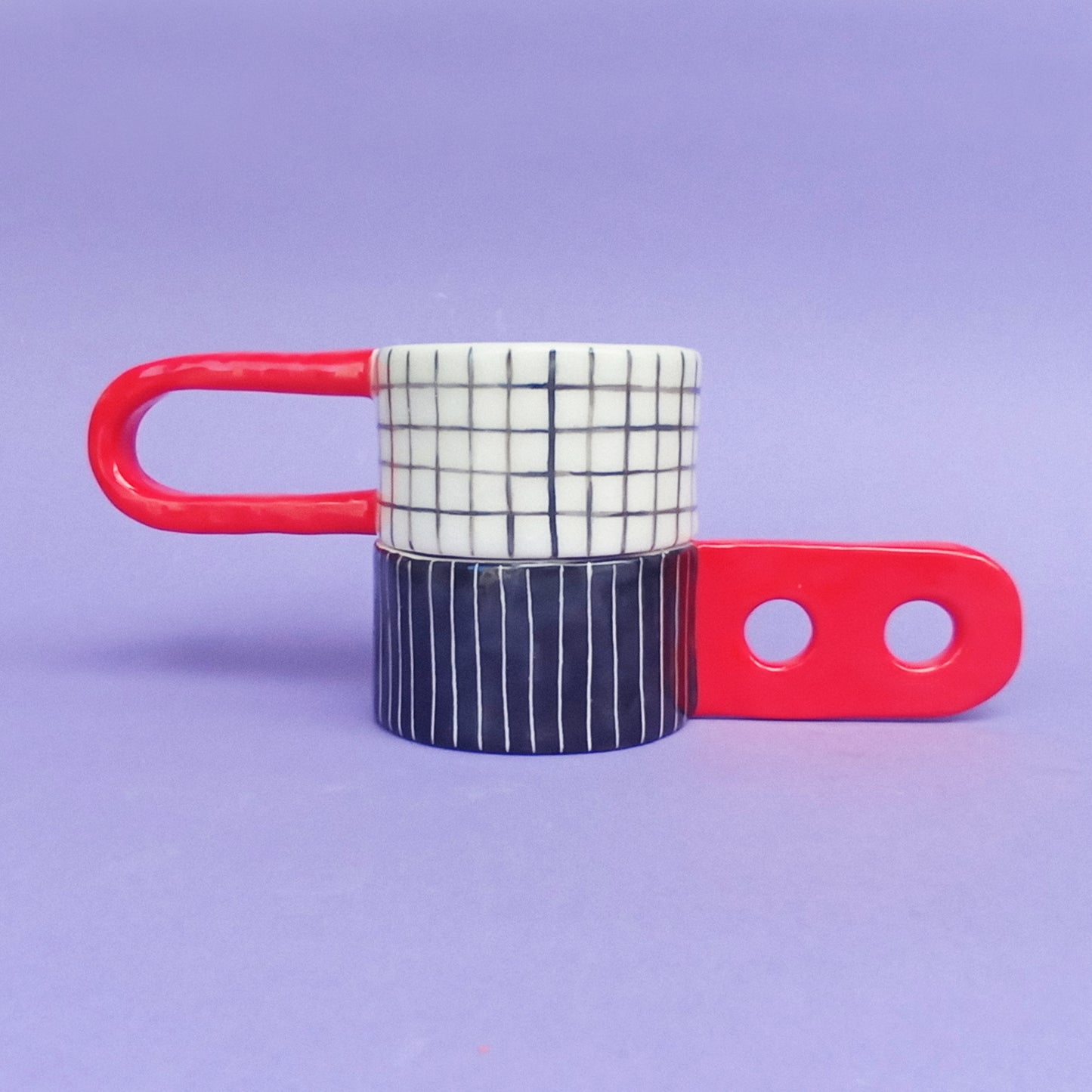 Graphic Cup with oversized handle – back and white geometric pattern, handmade ceramic, food safe, 120ml, designed by Siamese Twin Studio
