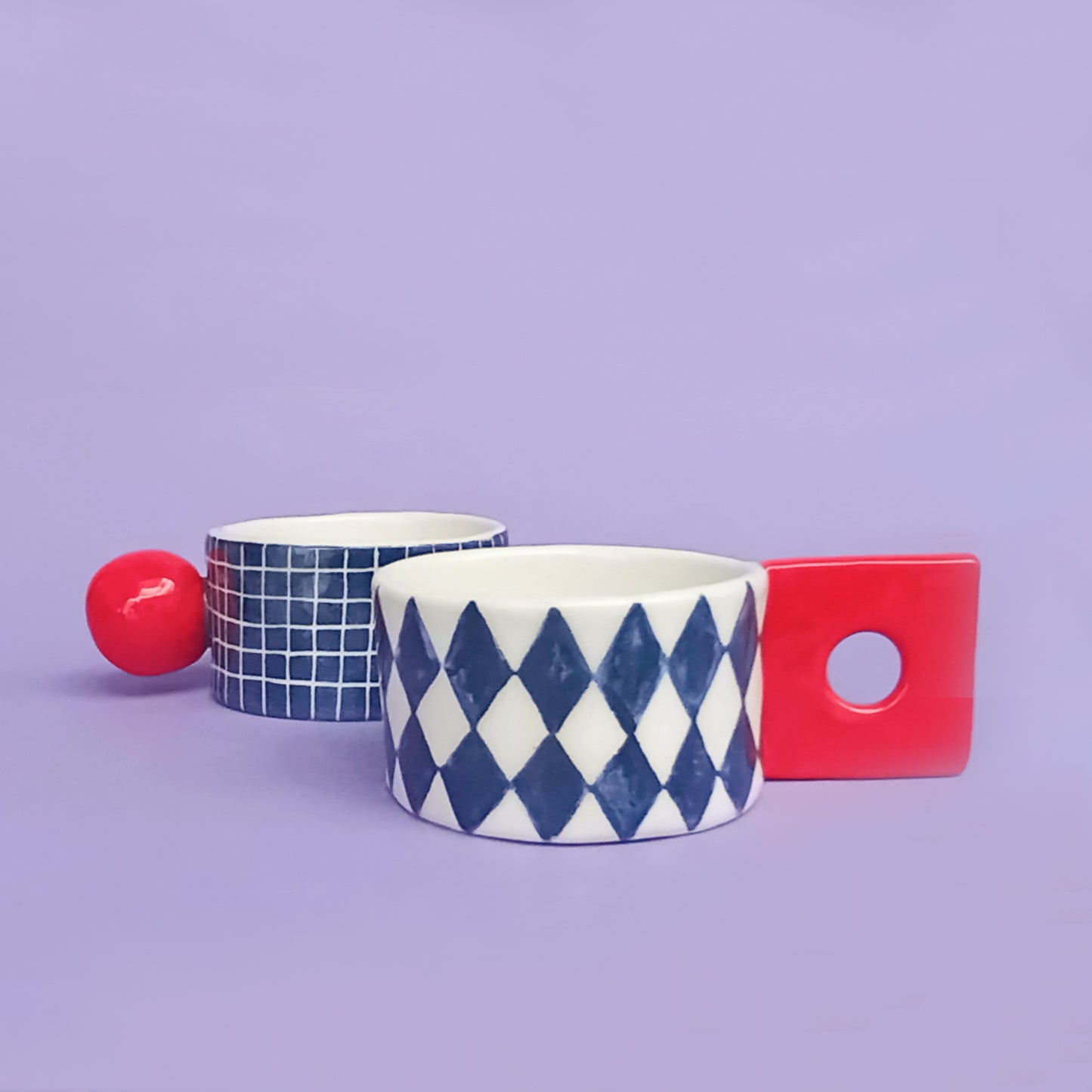 Graphic Cup with ball and square handle – cobalt grid and diamonds pattern, handmade ceramic, food safe, 120ml
